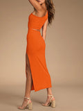 LC6110015-1014-L, LC6110015-1014-M, LC6110015-1014-S, LC6110015-1014-XL, Orange Womens Sexy One Shoulder Cut Out Midi Dress Party Dress with Side Slit