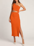 LC6110015-1014-L, LC6110015-1014-M, LC6110015-1014-S, LC6110015-1014-XL, Orange Womens Sexy One Shoulder Cut Out Midi Dress Party Dress with Side Slit
