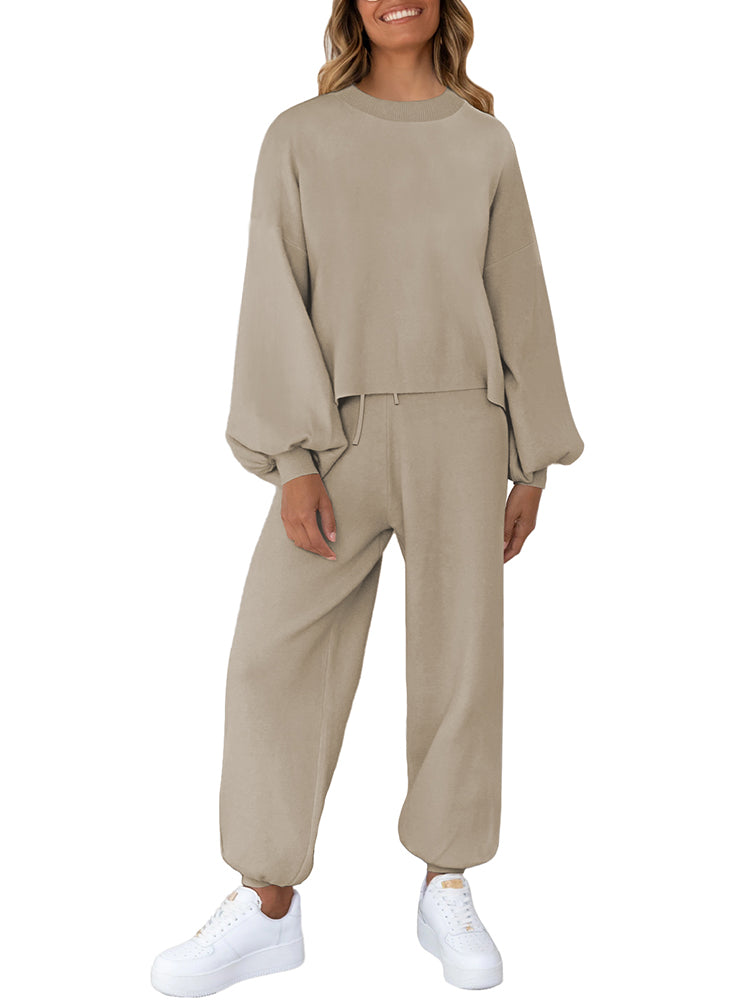 LC622153-1016-S, LC622153-1016-M, LC622153-1016-L, LC622153-1016-XL, Khaki Women's Two Piece Outfits Striped Sweatshirt Jogger Pants Tracksuit