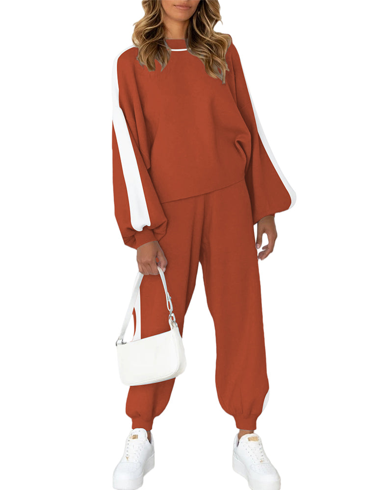 LC622153-17-L, LC622153-17-M, LC622153-17-S, LC622153-17-XL, Brown Women's Two Piece Outfits Striped Sweatshirt Jogger Pants Tracksuit