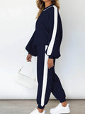 LC622153-5-L, LC622153-5-M, LC622153-5-S, LC622153-5-XL, Blue Women's Two Piece Outfits Striped Sweatshirt Jogger Pants Tracksuit