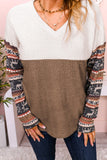 Women's Christmas Elk Sleeve V Neck Sweater Color Block Waffle Knit Top