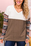 PL251374-17-1X, PL251374-17-2X, PL251374-17-3X, PL251374-17-4X, PL251374-17-5X, Brown Christmas Elk V Neck Sweater Color Block Waffle Knit Top