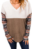 PL251374-17-1X, PL251374-17-2X, PL251374-17-3X, PL251374-17-4X, PL251374-17-5X, Brown Christmas Elk V Neck Sweater Color Block Waffle Knit Top