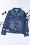 LC8511504-5-S, LC8511504-5-M, LC8511504-5-L, LC8511504-5-XL, LC8511504-5-2XL, Blue Women's Jean Jacket Long Sleeve Lapel Distressed Raw Hem Buttons Denim Coat