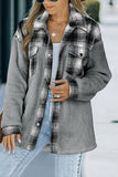 LC8512482-11-S, LC8512482-11-M, LC8512482-11-L, LC8512482-11-XL, LC8512482-11-2XL, Gray Women's Button Down Pocket Coat Plaid Shacket