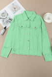 LC8511504-9-S, LC8511504-9-M, LC8511504-9-L, LC8511504-9-XL, LC8511504-9-2XL, Green Women's Jean Jacket Long Sleeve Lapel Distressed Raw Hem Buttons Denim Coat