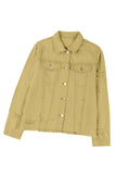 LC8511504-7-S, LC8511504-7-M, LC8511504-7-L, LC8511504-7-XL, LC8511504-7-2XL, Yellow Women's Jean Jacket Long Sleeve Lapel Distressed Raw Hem Buttons Denim Coat