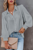 LC2552187-11-S, LC2552187-11-M, LC2552187-11-L, LC2552187-11-XL, LC2552187-11-2XL, Gray Solid Color Button Up Puff Sleeve Blouse