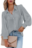 LC2552187-11-S, LC2552187-11-M, LC2552187-11-L, LC2552187-11-XL, LC2552187-11-2XL, Gray Solid Color Button Up Puff Sleeve Blouse