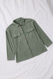 LC8511383-109-S, LC8511383-109-M, LC8511383-109-L, LC8511383-109-XL, LC8511383-109-2XL, Green Womens Boyfriend Shirt Ribbed Shacket Loose Fit Long Sleeve Tops