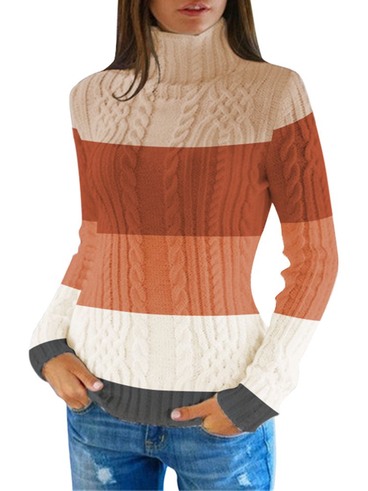 PSE1471-2014-L, PSE1471-2014-M, PSE1471-2014-S, PSE1471-2014-XL, Orange Women's Chunky Knit Long Sleeve Turtleneck Pullover Sweater