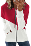 LC8511695-3-S, LC8511695-3-M, LC8511695-3-L, LC8511695-3-XL, LC8511695-3-2XL, Red Hoodies for Women Asymmetric Color Block Hooded Sweatshirt Jacket