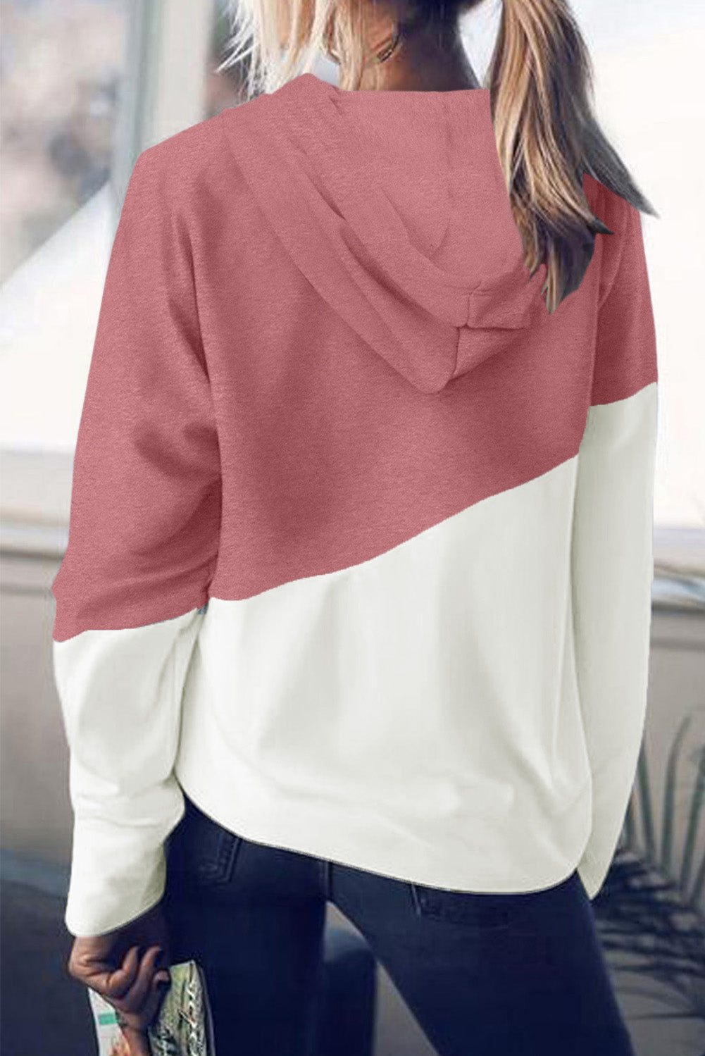 LC8511695-10-S, LC8511695-10-M, LC8511695-10-L, LC8511695-10-XL, LC8511695-10-2XL, Pink Hoodies for Women Asymmetric Color Block Hooded Sweatshirt Jacket