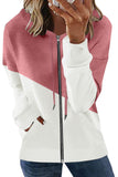 LC8511695-10-S, LC8511695-10-M, LC8511695-10-L, LC8511695-10-XL, LC8511695-10-2XL, Pink Hoodies for Women Asymmetric Color Block Hooded Sweatshirt Jacket