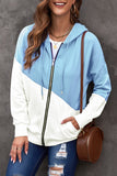LC8511695-4-S, LC8511695-4-M, LC8511695-4-L, LC8511695-4-XL, LC8511695-4-2XL, Sky Blue Hoodies for Women Asymmetric Color Block Hooded Sweatshirt Jacket