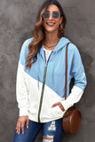 LC8511695-4-S, LC8511695-4-M, LC8511695-4-L, LC8511695-4-XL, LC8511695-4-2XL, Sky Blue Hoodies for Women Asymmetric Color Block Hooded Sweatshirt Jacket