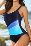LC443354-204-S, LC443354-204-M, LC443354-204-L, LC443354-204-XL, LC443354-204-2XL, Sky Blue Women One Piece Swimsuit Striped Pattern Print Sleeveless Bathing Suit
