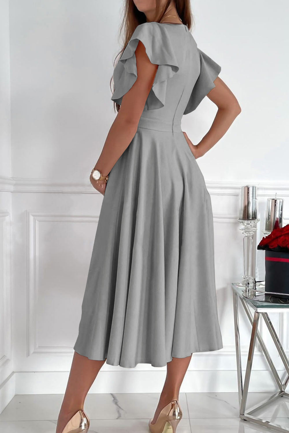 LC6110363-11-S, LC6110363-11-M, LC6110363-11-L, LC6110363-11-XL, LC6110363-11-2XL, Gray Womens V Neck Ruffle Sleeve Wrap Dress Midi Dress Cocktail Party Dress