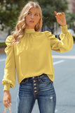 LC25115398-7-S, LC25115398-7-M, LC25115398-7-L, LC25115398-7-XL, LC25115398-7-2XL, Yellow Mock Neck Puff Long Sleeve Blouses Chiffon Casual Loose Shirts Tops