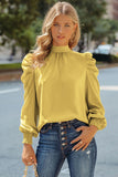 LC25115398-7-S, LC25115398-7-M, LC25115398-7-L, LC25115398-7-XL, LC25115398-7-2XL, Yellow Mock Neck Puff Long Sleeve Blouses Chiffon Casual Loose Shirts Tops