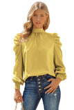 LC25115398-7-S, LC25115398-7-M, LC25115398-7-L, LC25115398-7-XL, LC25115398-7-2XL, Yellow Mock Neck Puff Long Sleeve Blouses Chiffon Casual Loose Shirts Tops