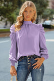 LC25115398-8-S, LC25115398-8-M, LC25115398-8-L, LC25115398-8-XL, LC25115398-8-2XL, Purple Mock Neck Puff Long Sleeve Blouses Chiffon Casual Loose Shirts Tops