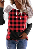 LC25313078-3-S, LC25313078-3-M, LC25313078-3-L, LC25313078-3-XL, LC25313078-3-2XL, Red Women’s Pullover Hoodie Sequined Splicing Plaid Kangaroo Pocket Hoodie