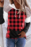 LC25313078-3-S, LC25313078-3-M, LC25313078-3-L, LC25313078-3-XL, LC25313078-3-2XL, Red Women’s Pullover Hoodie Sequined Splicing Plaid Kangaroo Pocket Hoodie
