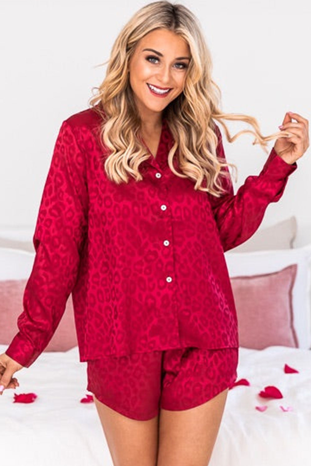 LC15343-3-S, LC15343-3-M, LC15343-3-L, LC15343-3-XL, Red Women's Satin Leopard Long Sleeve Top and Shorts 2 Piece Lounge Set