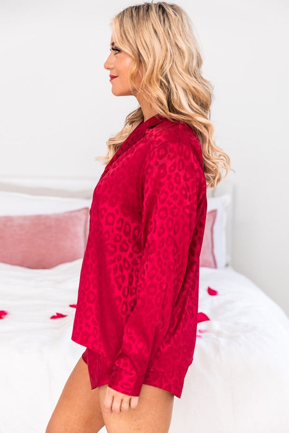 LC15343-3-S, LC15343-3-M, LC15343-3-L, LC15343-3-XL, Red Women's Satin Leopard Long Sleeve Top and Shorts 2 Piece Lounge Set