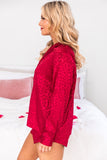 LC15343-3-S, LC15343-3-M, LC15343-3-L, LC15343-3-XL, Red Women's Satin Leopard Long Sleeve Top and Shorts 2 Piece Lounge Set