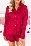 LC15343-3-S, LC15343-3-M, LC15343-3-L, LC15343-3-XL, Red Women's Satin Leopard Long Sleeve Top and Shorts 2 Piece Lounge Set