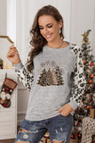 Sweat-shirt à manches raglan léopard pour femmes, vacances de Noël, arbres de Noël