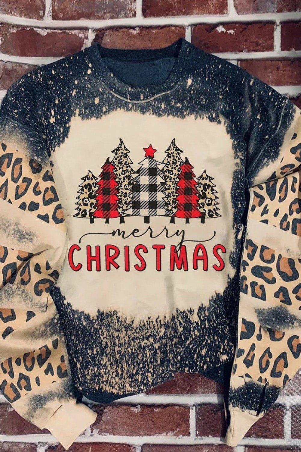 LC25313520-2-S, LC25313520-2-M, LC25313520-2-L, LC25313520-2-XL, LC25313520-2-2XL, Black Merry Christmas Sweatshirt for Women Leopard Pullover Sweatshirt