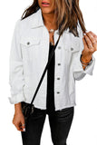 LC8511504-1-S, LC8511504-1-M, LC8511504-1-L, LC8511504-1-XL, LC8511504-1-2XL, White Women's Jean Jacket Long Sleeve Lapel Distressed Raw Hem Buttons Denim Coat