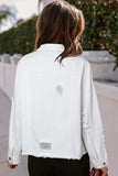 LC8511504-1-S, LC8511504-1-M, LC8511504-1-L, LC8511504-1-XL, LC8511504-1-2XL, White Women's Jean Jacket Long Sleeve Lapel Distressed Raw Hem Buttons Denim Coat