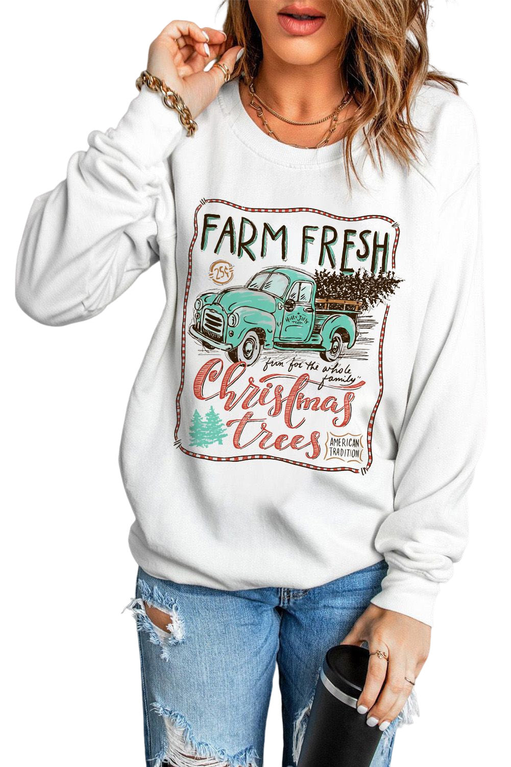 LC25313537-1-S, LC25313537-1-M, LC25313537-1-L, LC25313537-1-XL, LC25313537-1-2XL, White Long Sleeve Sweatshirt Christmas Tree Graphic Print Sweatshirt