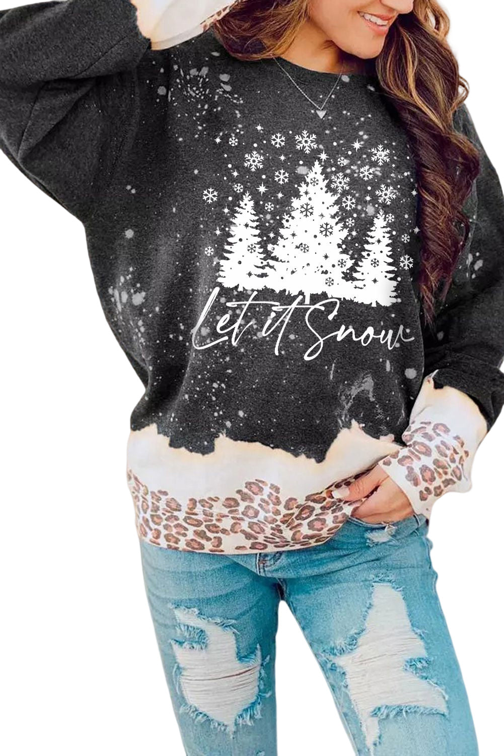 LC25313542-2-S, LC25313542-2-M, LC25313542-2-L, LC25313542-2-XL, LC25313542-2-2XL, Black Leopard Snowy Christmas Bleached T Shirt Fall Pullover Tops