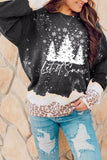 LC25313542-2-S, LC25313542-2-M, LC25313542-2-L, LC25313542-2-XL, LC25313542-2-2XL, Black Leopard Snowy Christmas Bleached T Shirt Fall Pullover Tops