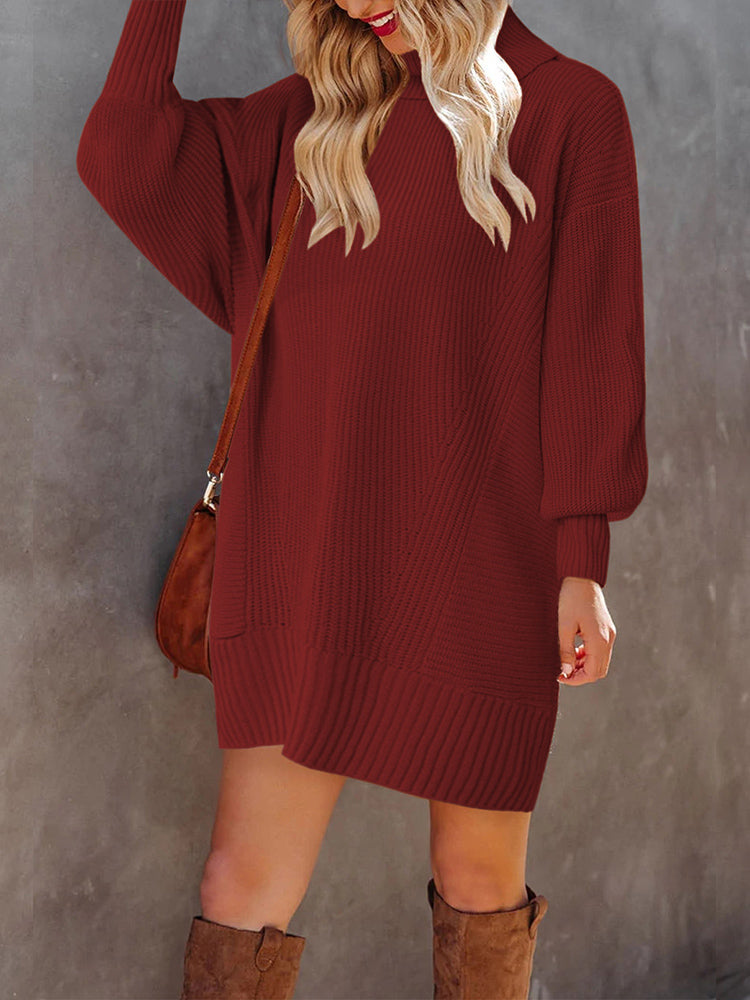 LC273345-3-S, LC273345-3-M, LC273345-3-L, LC273345-3-XL, Red Women Casual Turtleneck Oversized Sweater Dresses Ribbed Baggy Pullover Knit Dress
