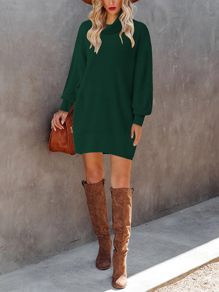 LC273345-9-S, LC273345-9-M, LC273345-9-L, LC273345-9-XL, Green Women Casual Turtleneck Oversized Sweater Dresses Ribbed Baggy Pullover Knit Dress