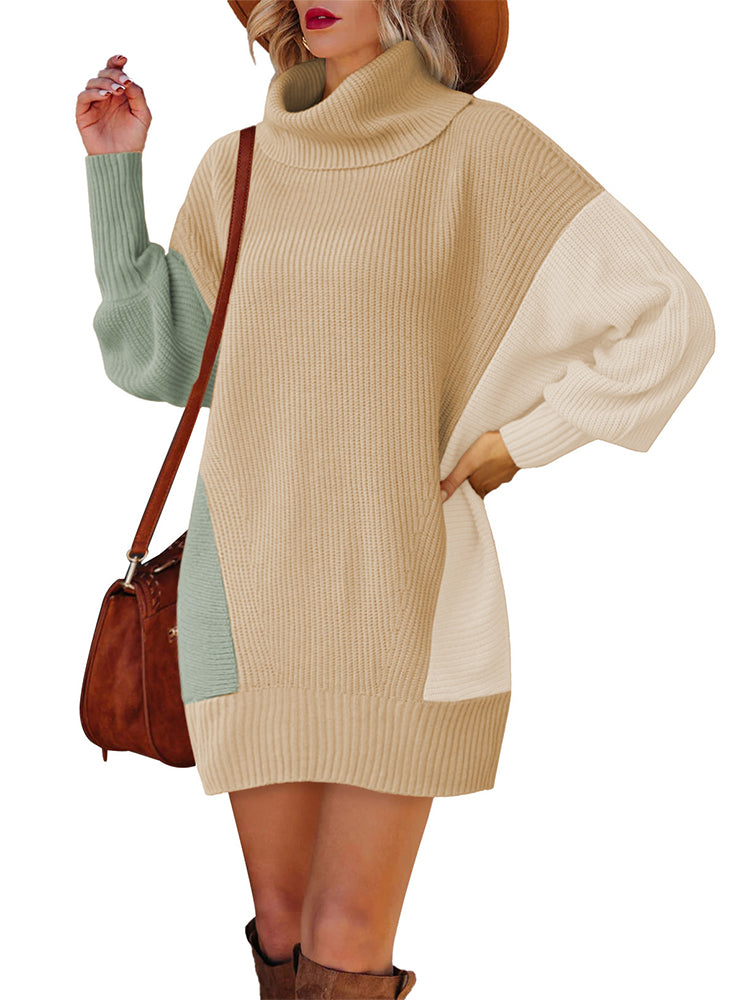 LC273345-1018-S, LC273345-1018-M, LC273345-1018-L, LC273345-1018-XL, Apricot Women Casual Turtleneck Oversized Sweater Dresses Ribbed Baggy Pullover Knit Dress