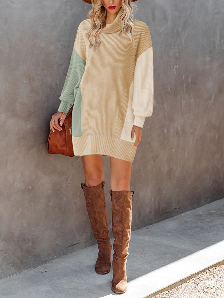 LC273345-1018-S, LC273345-1018-M, LC273345-1018-L, LC273345-1018-XL, Apricot Women Casual Turtleneck Oversized Sweater Dresses Ribbed Baggy Pullover Knit Dress
