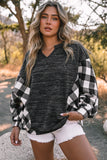 LC25116588-2-S, LC25116588-2-M, LC25116588-2-L, LC25116588-2-XL, LC25116588-2-2XL, Black Women Buffalo Plaid Shirts Split Neck Knit Top