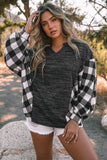 LC25116588-2-S, LC25116588-2-M, LC25116588-2-L, LC25116588-2-XL, LC25116588-2-2XL, Black Women Buffalo Plaid Shirts Split Neck Knit Top