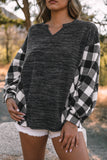 LC25116588-2-S, LC25116588-2-M, LC25116588-2-L, LC25116588-2-XL, LC25116588-2-2XL, Black Women Buffalo Plaid Shirts Split Neck Knit Top