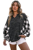 LC25116588-2-S, LC25116588-2-M, LC25116588-2-L, LC25116588-2-XL, LC25116588-2-2XL, Black Women Buffalo Plaid Shirts Split Neck Knit Top