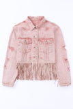 LC8512530-10-S, LC8512530-10-M, LC8512530-10-L, LC8512530-10-XL, LC8512530-10-2XL, Pink Women's Distressed Fringed Cropped Denim Jacket Long Sleeve Trucker Jacket