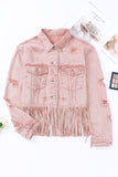 LC8512530-10-S, LC8512530-10-M, LC8512530-10-L, LC8512530-10-XL, LC8512530-10-2XL, Pink Women's Distressed Fringed Cropped Denim Jacket Long Sleeve Trucker Jacket
